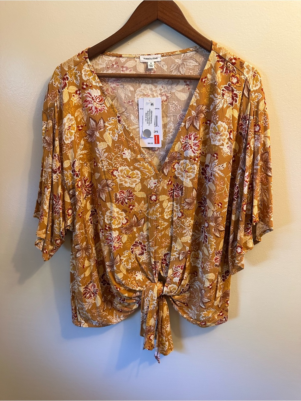 #385 Thread & Supply Mustard Floral Tie-Front Blouse